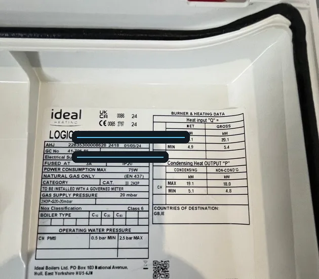Ideal boiler data badge showing a printed manufacture date