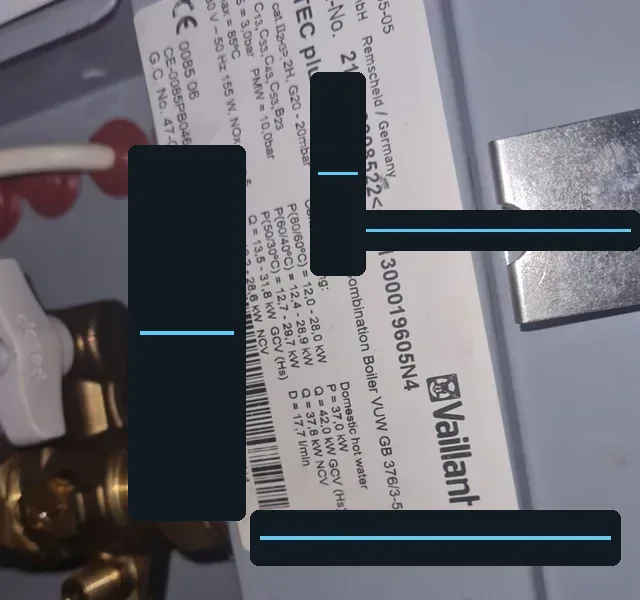 Vaillant boiler data badge with serial number partly redacted
