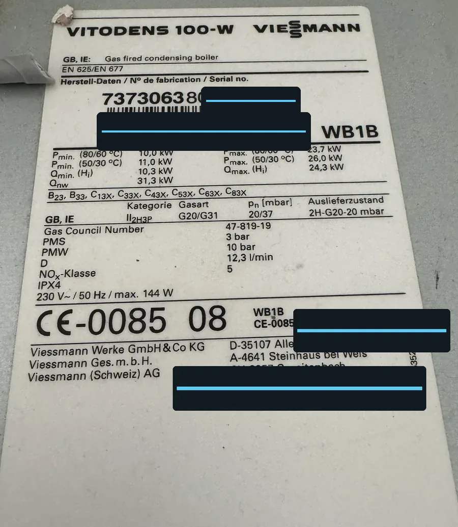 Viessmann Vitodens data badge showing serial number clue and CE year