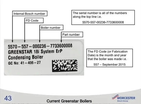 Worcester Bosch Greenstar label example showing an FD code