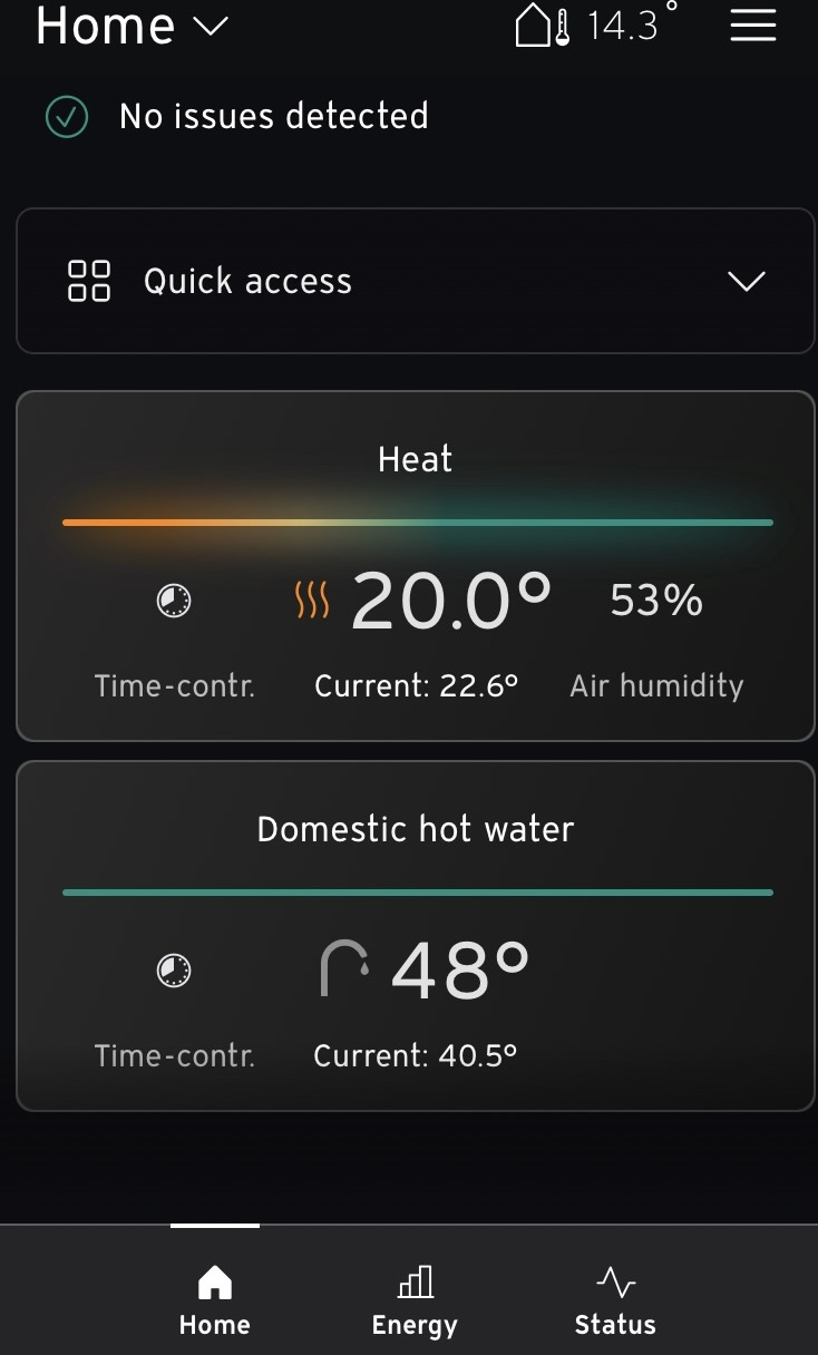 myVAILLANT Home screen showing Quick access above the Heat and Domestic hot water cards