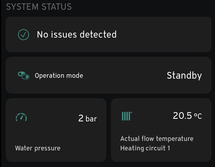 myVAILLANT System Status screen showing no issues detected, Standby operation mode, 2 bar water pressure and 20.5 degrees Celsius actual flow temperature