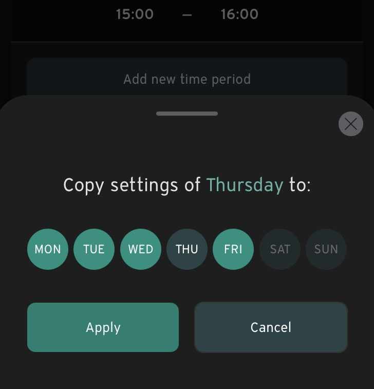 myVAILLANT weekly planner copying Thursday's settings to selected days