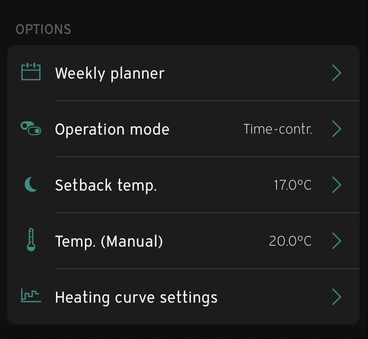 myVAILLANT Zone 1 options showing Weekly planner, Operation mode, Setback temp, Temp Manual and Heating curve settings