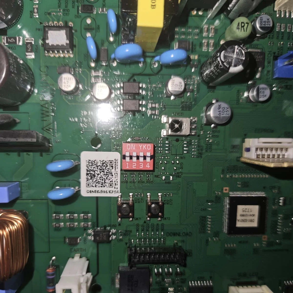 Close-up of the red SW03 DIP-switch bank on a Samsung wiring-centre PCB, with switches numbered 1 to 4