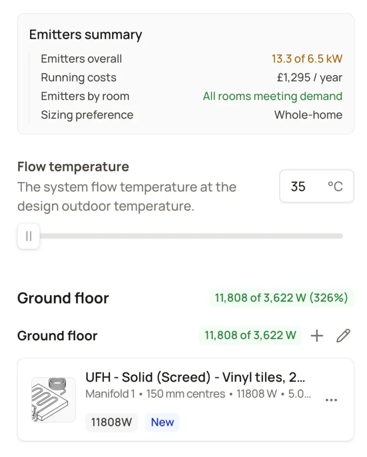 Vector Heat design showing 13.3 kW emitter capacity against 6.5 kW heat loss at 35 degrees C