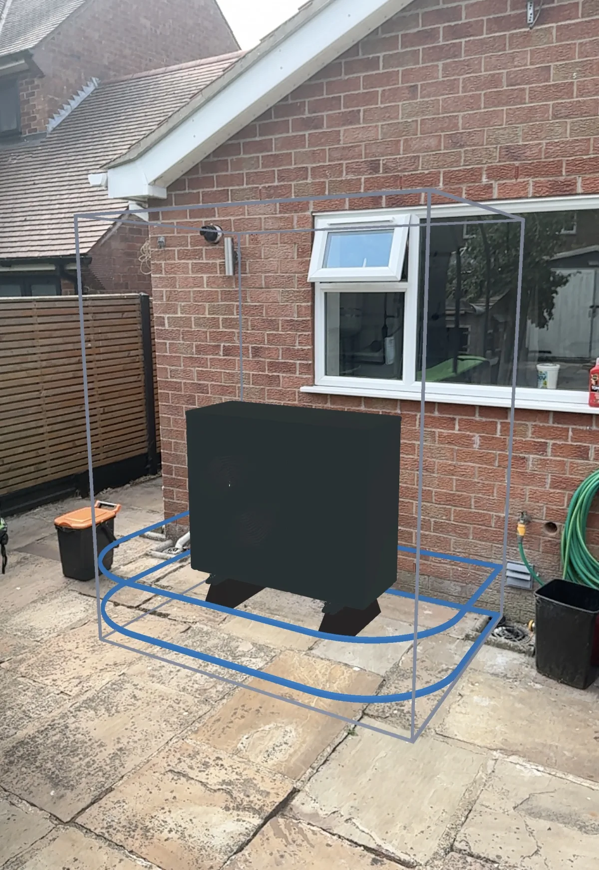 Vaillant aroTHERM plus Series 8.1 7 kW outdoor unit with grey airflow clearances and blue 500 millimetre FSF clearances