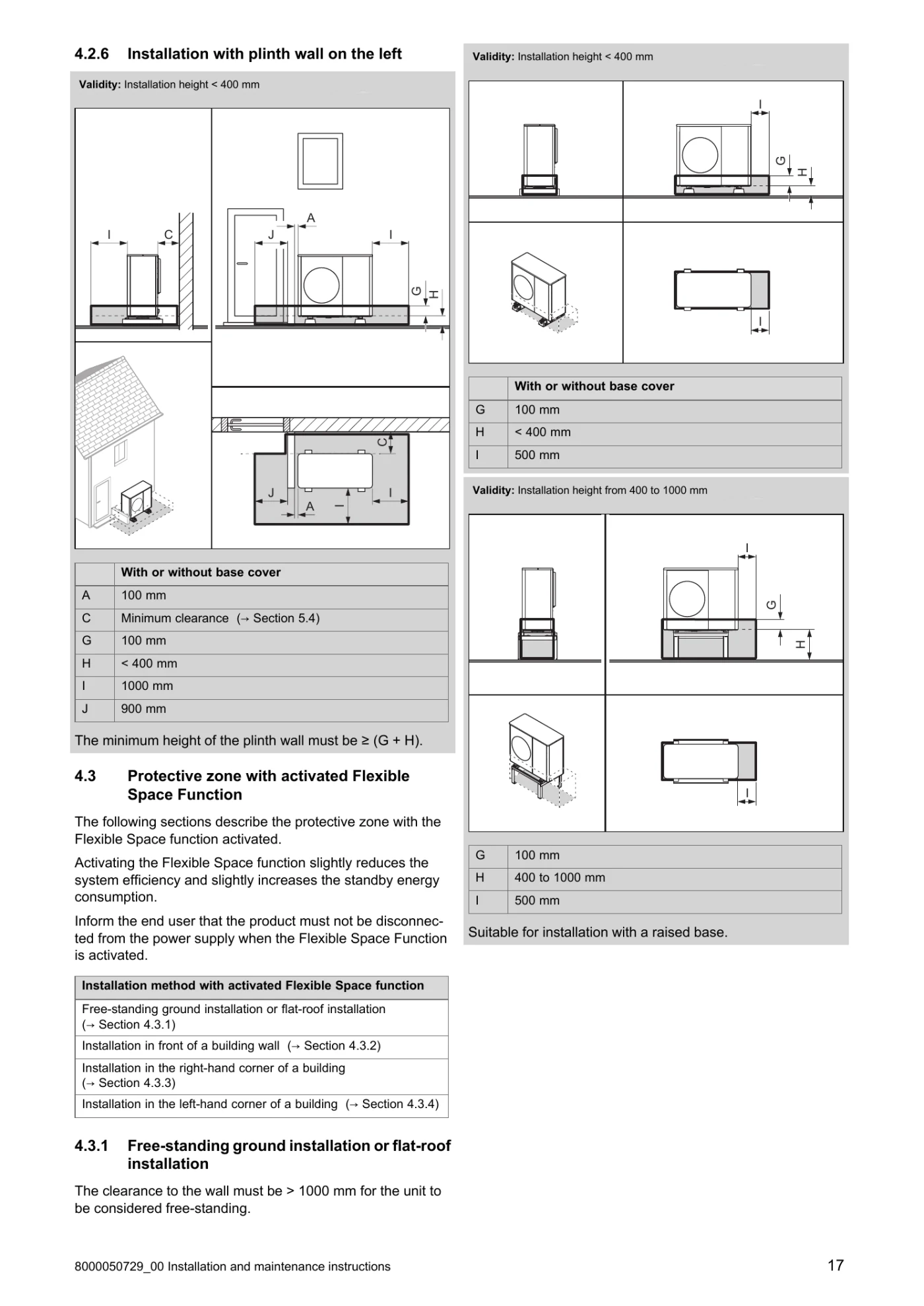 Vaillant UK manual page showing the reduced R290 protection zone with Flexible Space Function activated