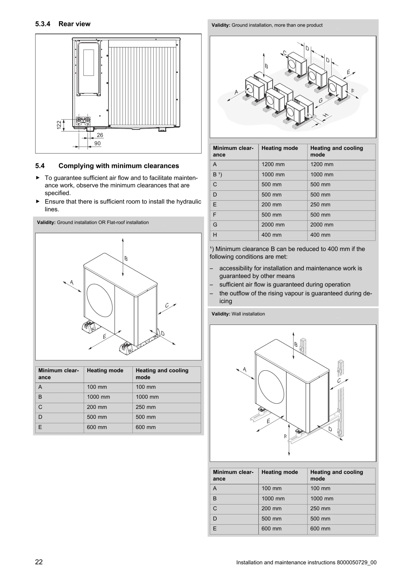 Vaillant UK manual page showing minimum airflow and maintenance clearances for Series 8.1 outdoor units