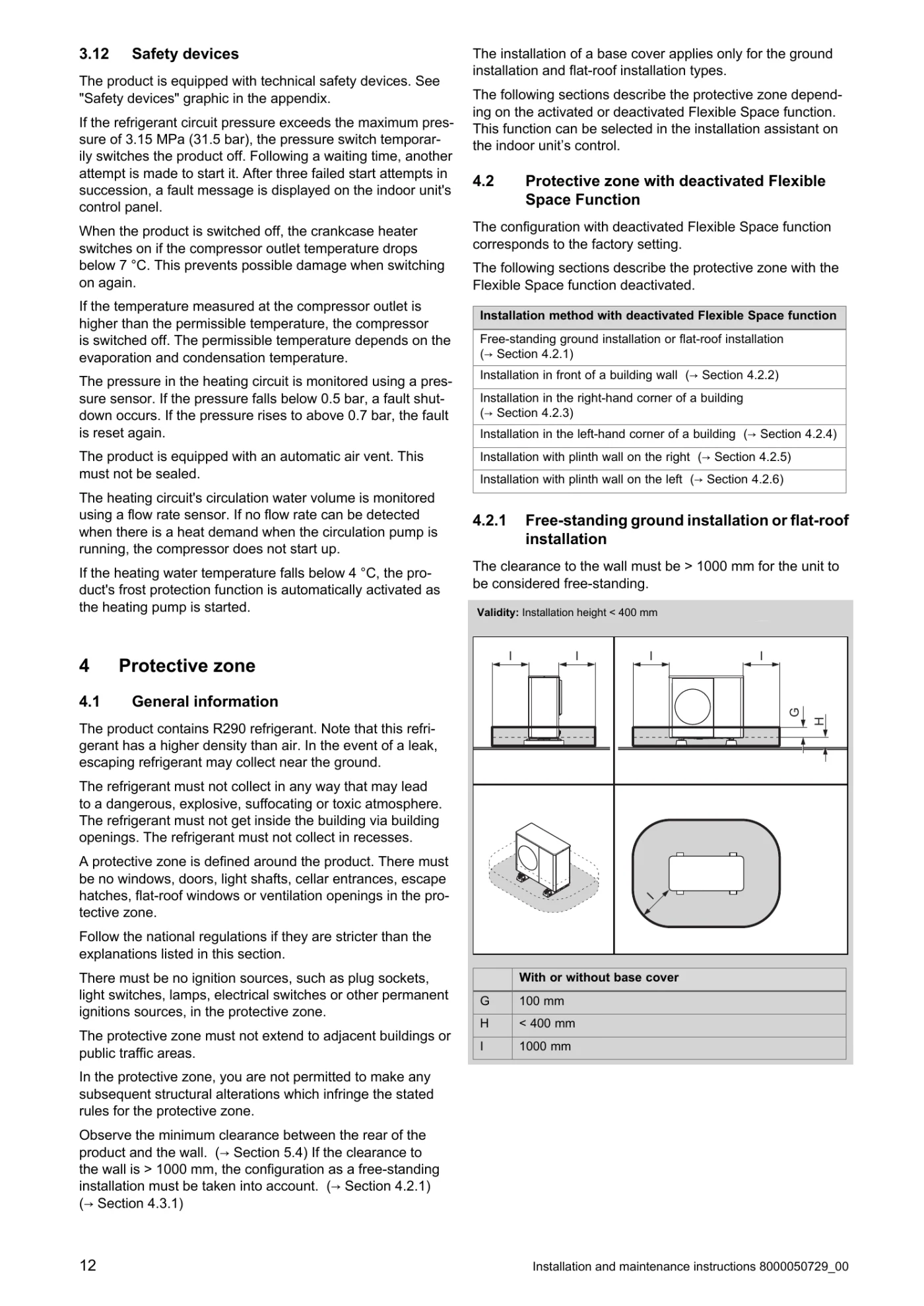 Vaillant UK manual page showing the standard R290 protection zone with Flexible Space Function deactivated