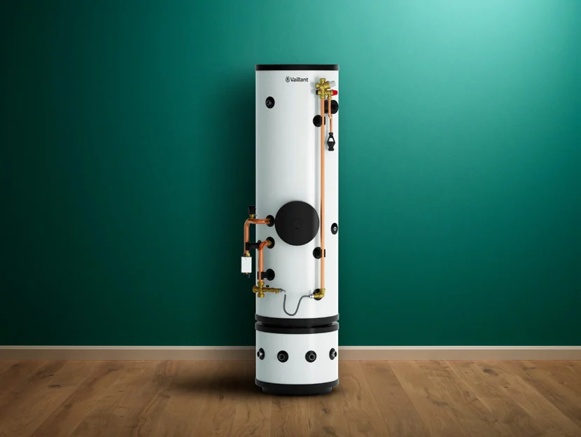 Vaillant uniSTOR Pure pre-plumbed slimline cylinder with optional buffer below, against a green wall