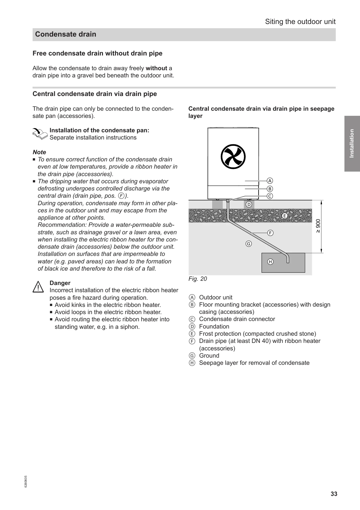 Original Viessmann manual page 33 showing condensate drainage into a seepage layer and wastewater system