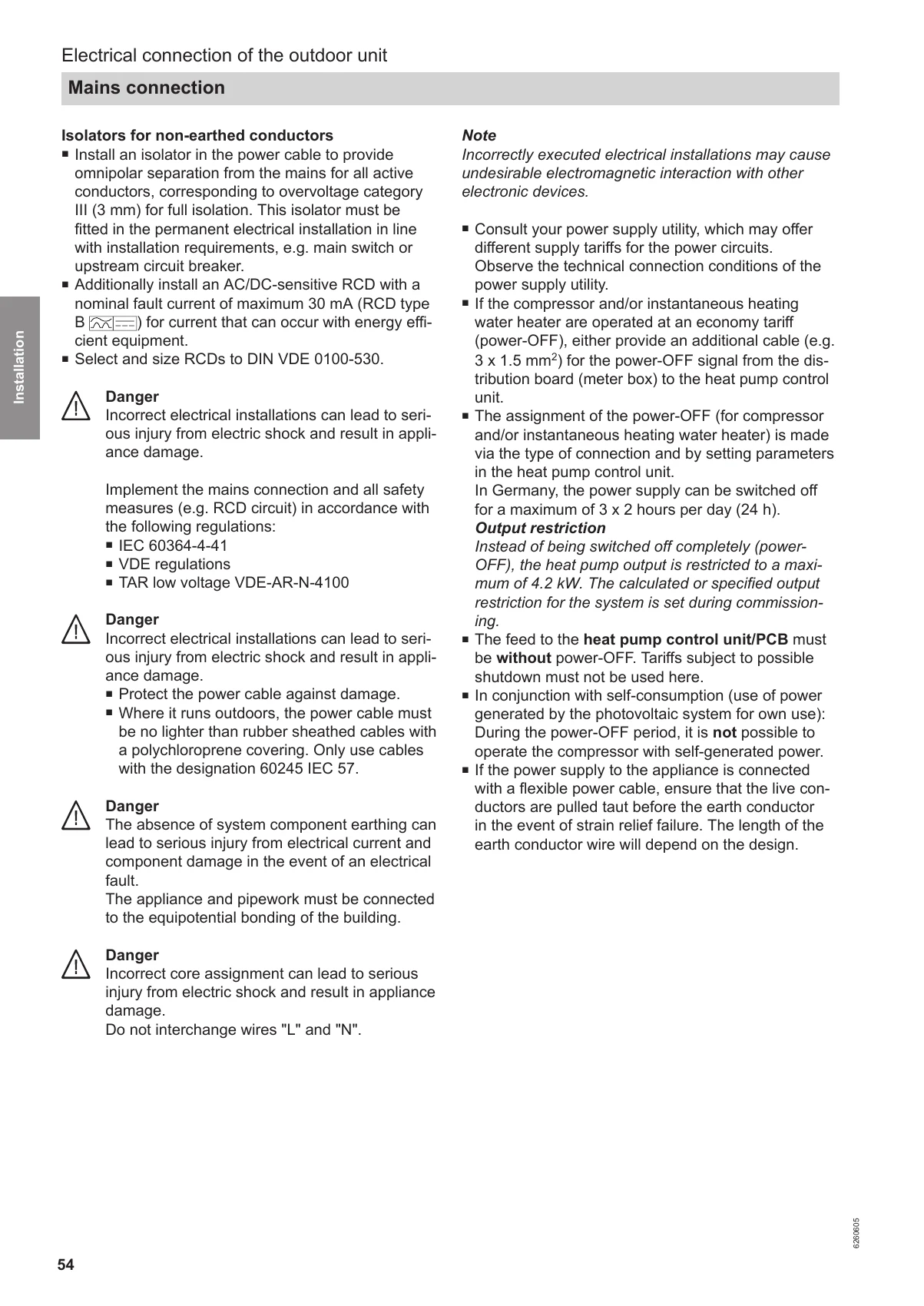 Original Viessmann manual page 54 specifying AC/DC-sensitive Type B residual-current protection